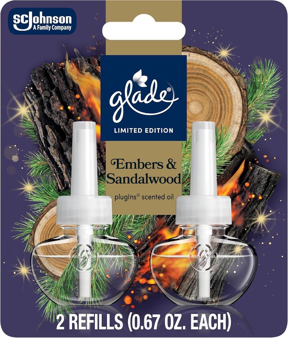 Glade PlugIns Refills Air Freshener, Embers & Sandalwood, Scented and Essential Oils for Home and Bathroom, 0.67 Fl Oz, 2 Count
