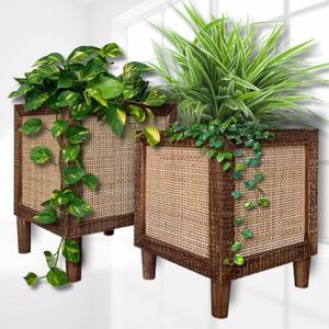Autumn Alley Rustic Boho Large Indoor Planter - Rattan Planter Boxes Outdoor Set of 2 Wooden Indoor or Outdoor Plant Box Stands Decorative Square Woven Rattan Flower Pots for Home & Office