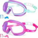 Seago Swim Goggles 2 Pack Anti-Fog Anti-UV Wide View Swimming Goggles for Kids 3-14 (Pink Purple & Green Purple)