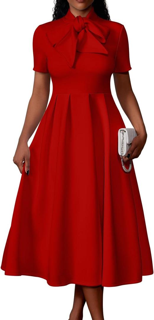 Memoriesea Women's Elegant Casual Short Sleeve Work Party A-Line Dress with Pockets (Red), S