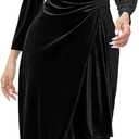 R.Vivimos Womens Velvet V Neck Wrap Dress Fall Winter Long Sleeve Waist Ruched Elastic Elegant Midi Dress (Medium, Black)
