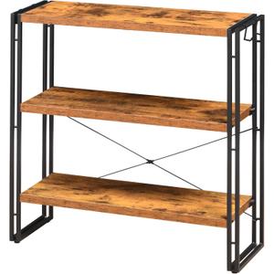 HCHQHS Bookshelf, 3-Tier Industrial Bookcase, Rustic Open Book Shelf, Freestanding Horizontal Bookshelves with Metal Frame, Rustic Brown