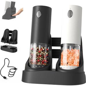 CIRCLE JOY Electric Salt and Pepper Grinder Set Automatic Salt and Pepper Mills Set with Easy-to-Carry Charging Base and LED Light, USB Rechargeable, Upgrade External Adjustable Coarseness (03/White&Black/Charging Base)
