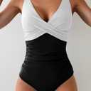 Eomenie Women's One Piece Swimsuits Tummy Control Ruched Push Up Bathing Suit Tie Back Slimming Swimwear White and Black, XL