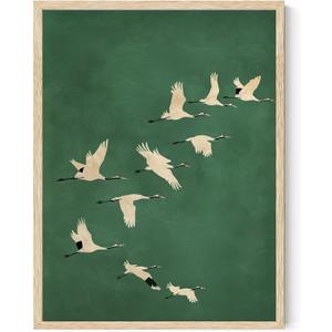 Vintage Wall Art Decor Animals Painting Prints Aesthetic Bedroom Wall Art Retro Bird Picture Green White Nature Flying Cranes Japandi Posters 12x16inch Unframed for Living Room Bedroom Office