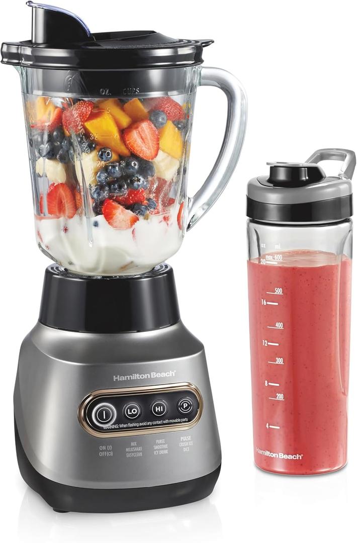 Hamilton Beach Wave Action Blender for Smoothies, Stainless Steel Ice Sabre Blades, 40oz Glass Jar, 20oz Blend-In Portable Travel Jar, 800 Watts, Quiet Design, Silver (58181)