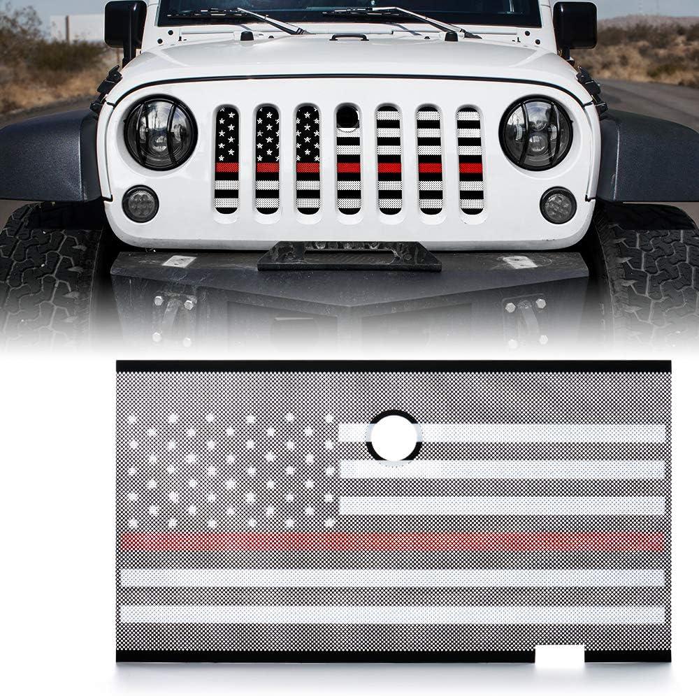 Xprite Aluminum Alloy Mesh Grill Insert with Hood Lock Hole & Firefighter Red Stripe, Compatible with 2007-2018 Jeep Wrangler JK JKU