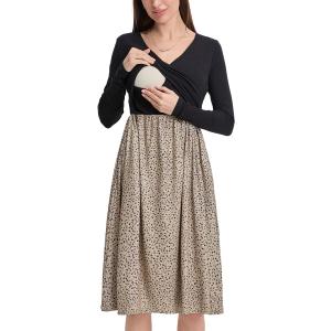 Liu & Qu Women's Maternity Nursing Dress Long Sleeve V-Neck with Pockets Patchwork Pregnancy Dresses Breastfeeding Clothes (Medium, F522 Floral)