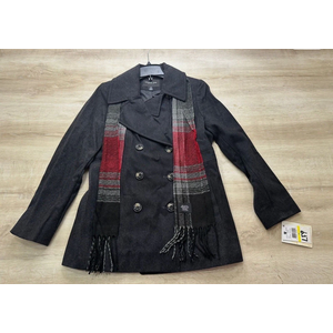 NWT London Fog Womens Pea Coat Black M with Scarf Wool Double Breasted Buttons