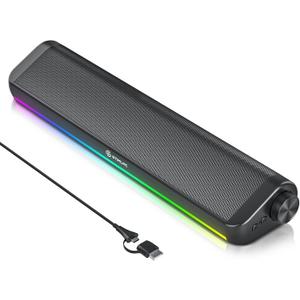 Computer Speakers for PC Desktop, 5 Dynamic RGB LED Light Modes, USB Wired Input, Easy-Control Knob, Stereo Gaming Soundbar for Laptop Monitor (Black)