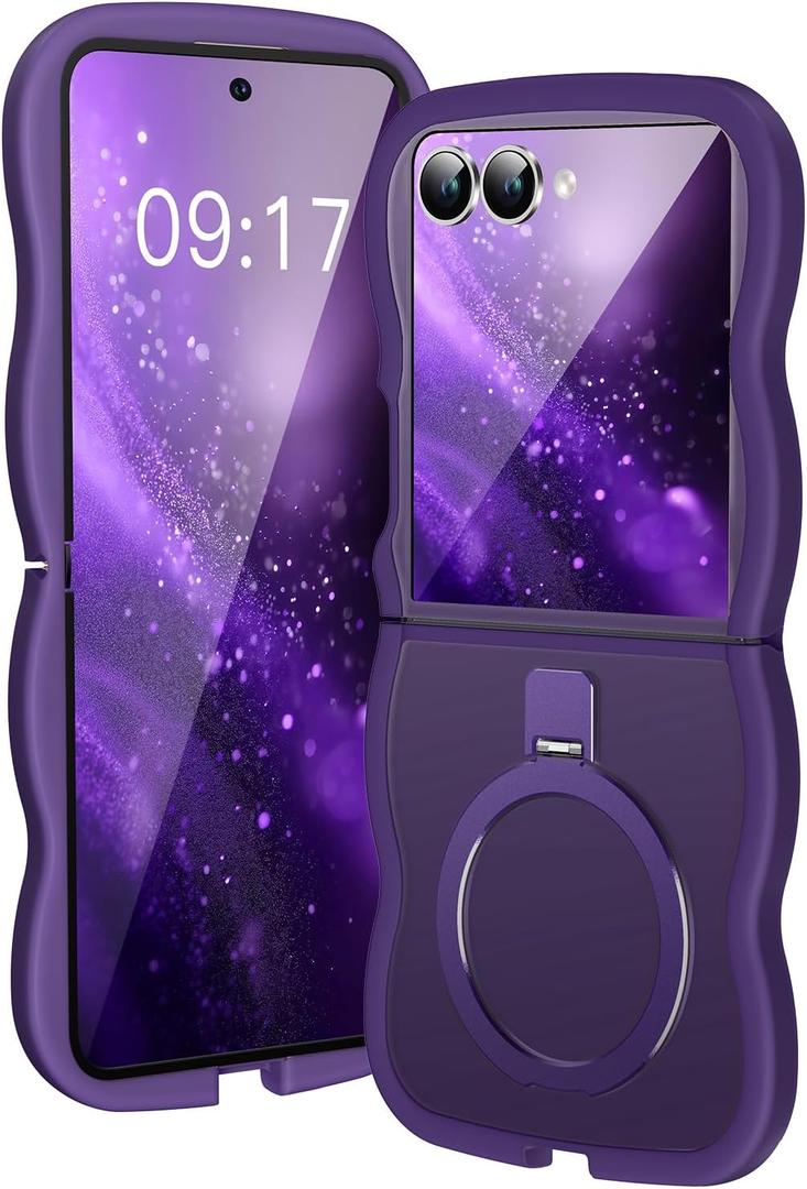 [Magnetic Stand & Wave Frame] Case for Samsung Galaxy Z Flip 7 [Fit for MagSafe] [Military Drop Protective] Not Yellowing Translucent Z Flip 7 Phone Ring Cover for Women Men 6.9" Purple
