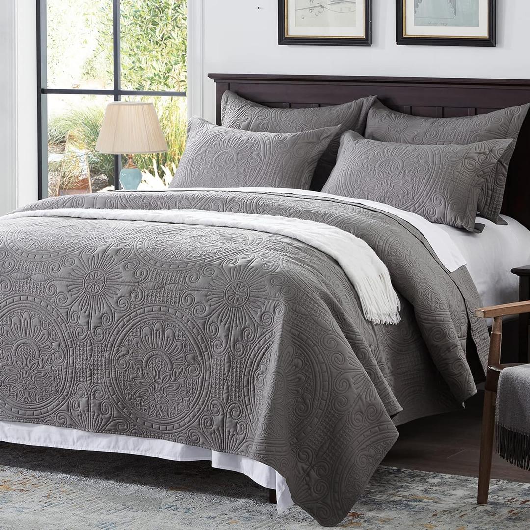 Anluoer Quilt King Size Bedding Set-Grey Embossed, Bedspreads-Lightweight Summer Soft Microfiber Bedspread, Bed Coverlet for All Seasons (1 Quilt, 2 Pillow Shams)