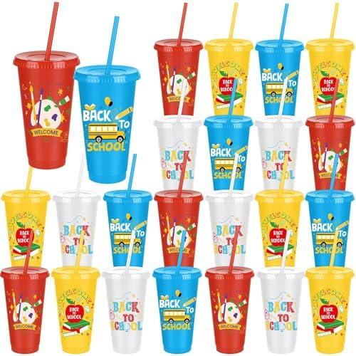 Pack of 2 Kochorie 24 Pieces Back to School Plastic Cups 24 oz Tumbler with Straw and Lid Reusable Drinking Cups Water Bottles for First Day of School Party Supplies