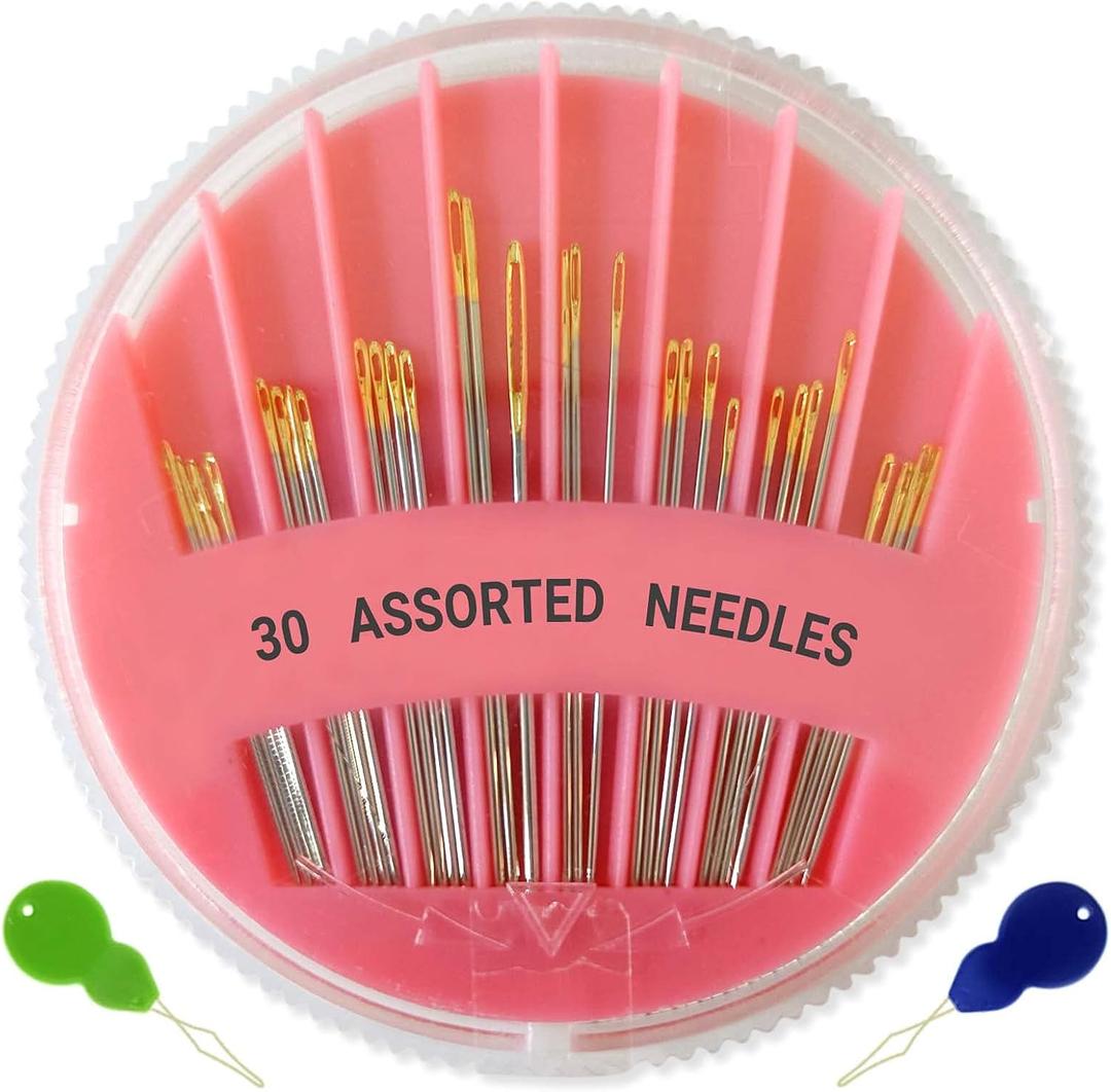 30 Pack Premium Hand Sewing Needles, Assorted Sizes, Large Eye Stitching Needles for Sewing, Repair & Embroidery