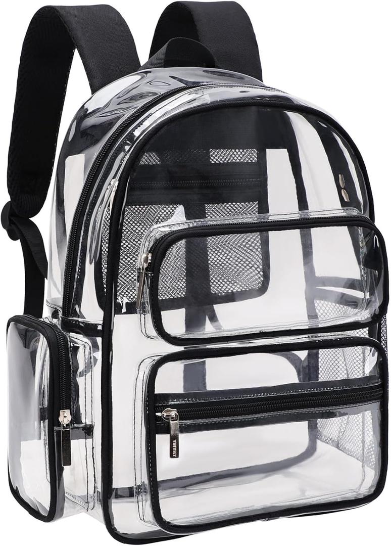TINYAT Clear Backpack Heavy Duty Transparent backpack Large Capacity See Through Bags Stadium Approved for Concerts, Sports (Black/T101cb)