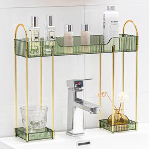 Makeup Organizer for Vanity,2-Tier Bathroom Sink Organizers Shelf Over Faucet Countertop Organizer Rack with Green Plastic Trays,n-Shaped Sink Storage for Bathroom Dresser
