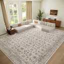 Washable 10x14 Area Rugs for Living Room, Boho Non-Slip Vintage Distress Large Rugs for Bedroom Dining Room Office, 0.3" Neutral Oriental Throw Thin Carpet, Cream/Blue/Orange/Multi