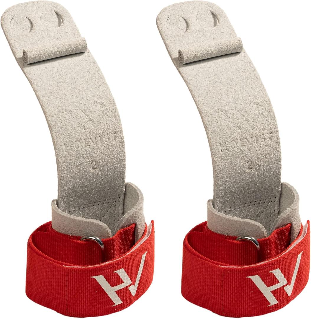 HOLVIST Gymnastics Grips | Leather Made Dowel Gymnastic Grips | Gymnastics Grips for Girls 10-12 | Hook & Loop Gymnastics Grips for Girls 7-9 | 2 Hole Women's Gymnastics Hand Grips (Red)