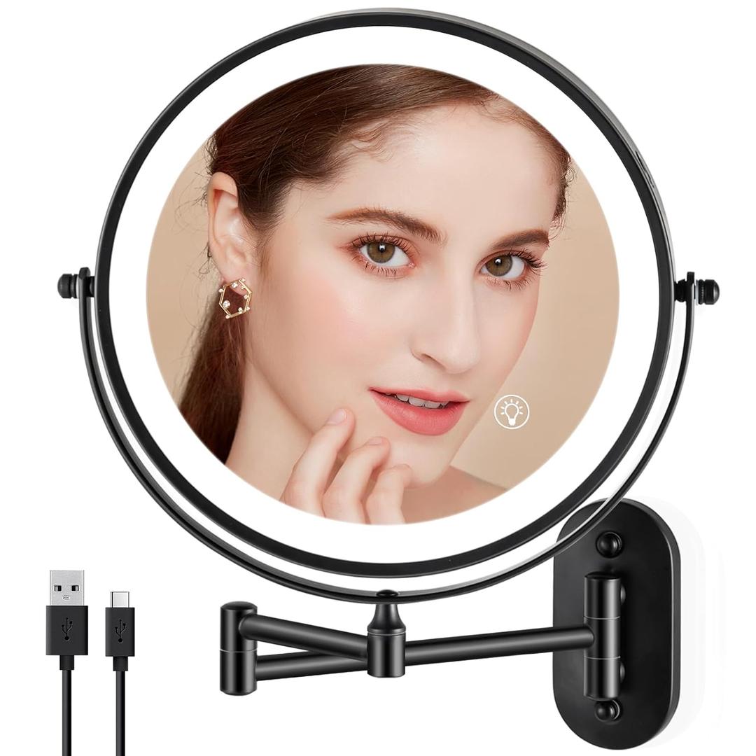 Rechargeable Wall Mounted Makeup Mirror, 8.5 inch Double-Sided 1/10x Magnifying Bathroom Mirror with 3 Color Lights, Lighted Vanity Mirror with 2-Touch Screen Dimming & Luminance Memory (Brush Black)
