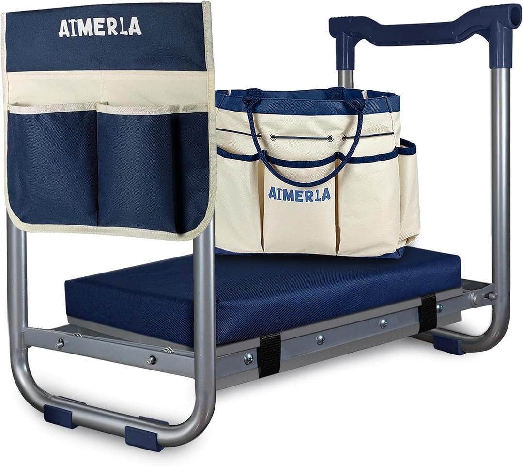 Aimerla K5 Foldable Kneeler Seat - Heavy Duty (Detachable Cloud Kneeler Pad) - Garden Stool - 2 Large Tool Bags - Portable Bench for Indoor & Outdoor, K5-Blue