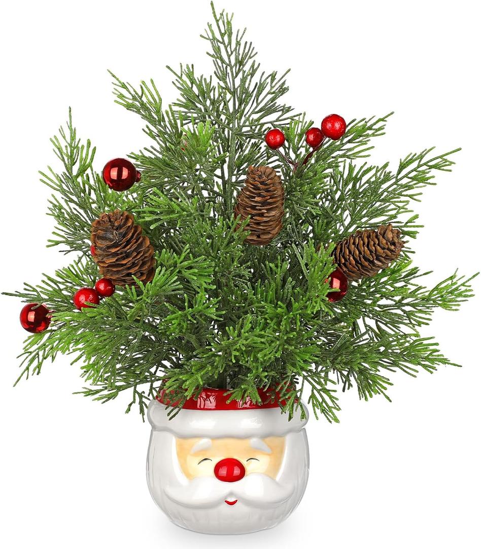 Hollyone Small Christmas Tree Cedar 10" Tabletop Snowman Potted Plants with Vase Artificial Mini Xmas Tree Decorations Plant with Christmas Ball Ornaments Berries Pine Cones Slim Tree Party Home Decor