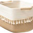 Woven Storage Bin, Cotton Rope Basket for Storage, Clothes Boho Basket Bin for Organizing, Fabric Basket for Books, Plants, Pet Treats, White & Jute, ‎14.56x10.63x6.69 inch