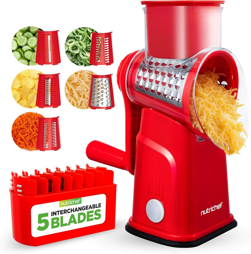 NutriChef 5 in 1 Cheese Grater & Shredder | 5 Different Blades for Thin, Thick, Julienne Strips, Wavy, & Straight Strips | Includes Hand Crank, Strong Suction Base & Storage Container | Red