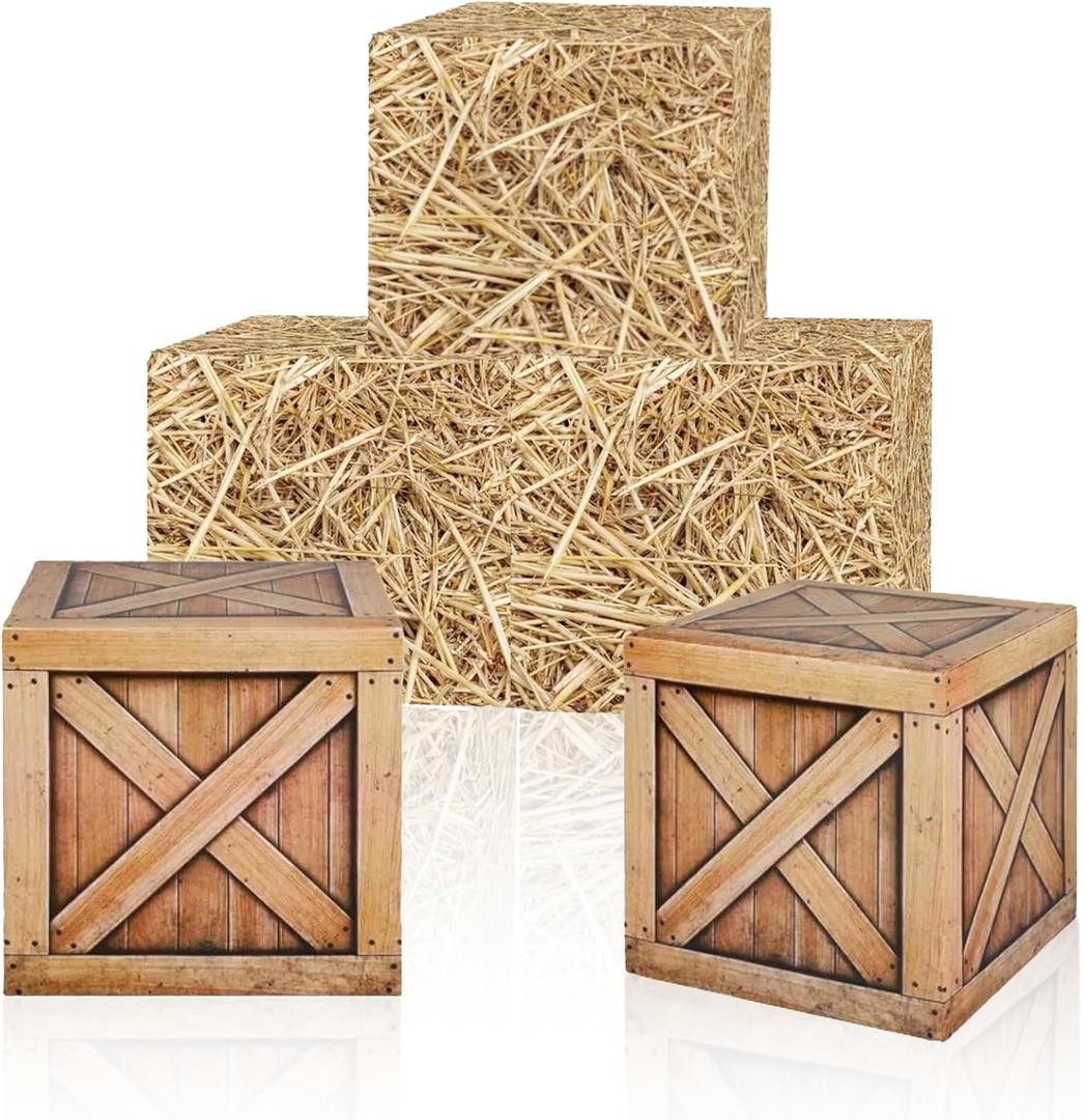 5 Pack Hay Bales Cardboard Boxes Set, Western Cowboy Party Decorations, Pirate Party Decorations, Western Wooden Grain Boxes, Fake Hay Photo Booth Props Straw Boxes for Fall Harvest Halloween