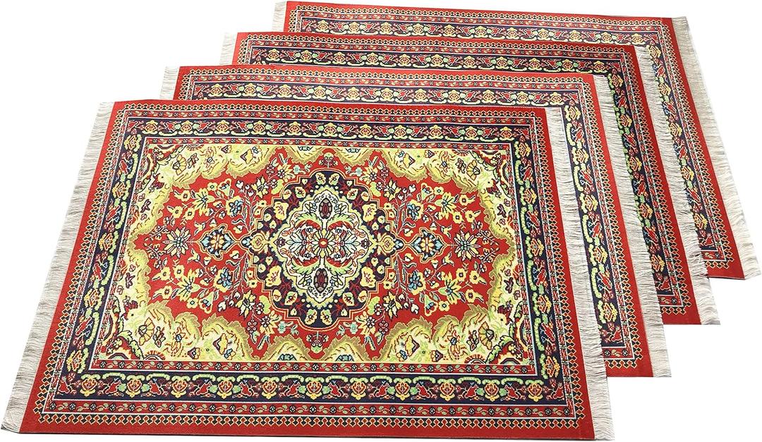 Rug placemats, Set of 4, Oriental Carpet Style Table Setting Decor, Decorative Fabric Dinner mats, Miniature Turkish Colorful Design, Washable, Rectangular, 16x12 (Red)