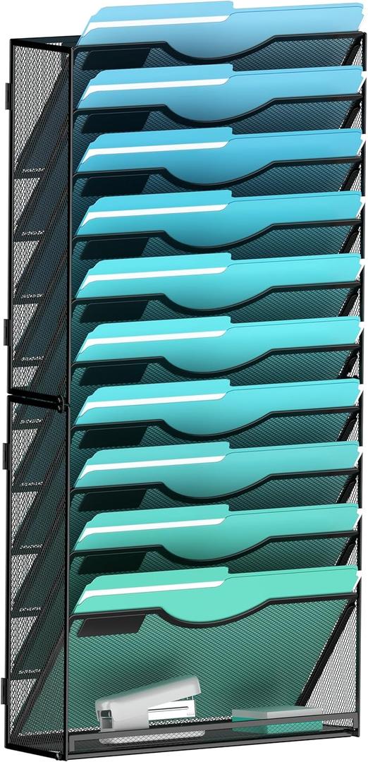 Gawerk 11-Tier Wall File Organizer Hanging Wall File Holder Wall Mount Paper Folder Organize, Mesh Magazine Document Mail Organizer Wall Organizer for Office School Home, Black