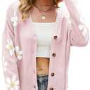 ebossy Womens Ribbed Knit Cardigans Slouchy Cute Smile Graphic Pretty Daisy Button-up Jacquard Knitted Sweater Coat (Large, 02 Pink)