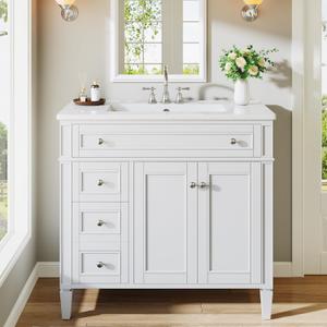 Tribesigns 36" Bathroom Vanity with Sink, Modern Bathroom Sink Cabinet with 4 Drawers & 2 Doors, Bath Storage Vanity Sink with Metal Handles, Solid Wood Frame, Paint Surface White