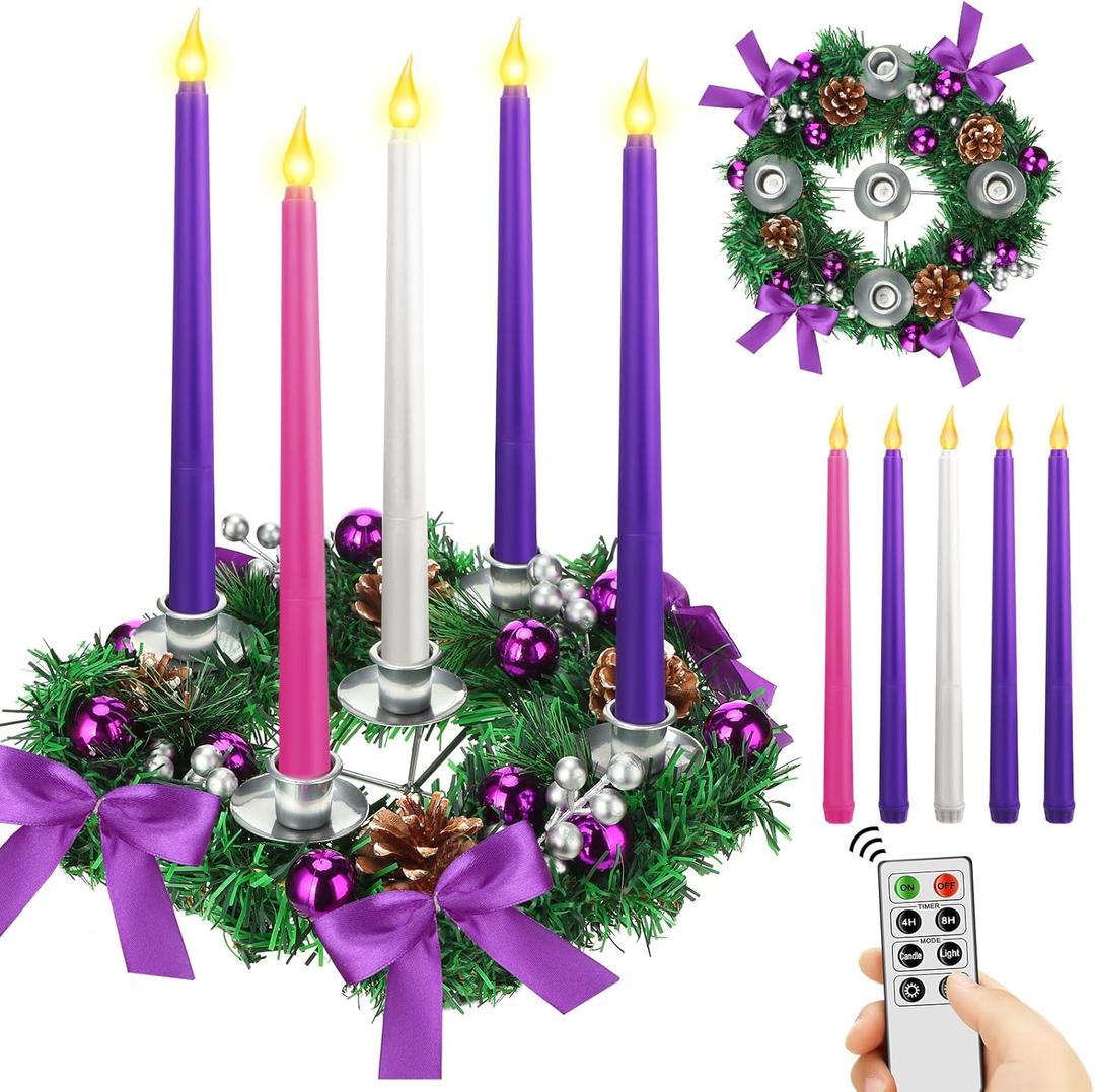 Tioncy 12 Inch Christmas Advent Wreath Candle Holder with 5 Flameless Candles Remote Control Wreaths Holder Centerpiece Decoration with Berries(Stylish,11 x 0.8 x 0.8 in)