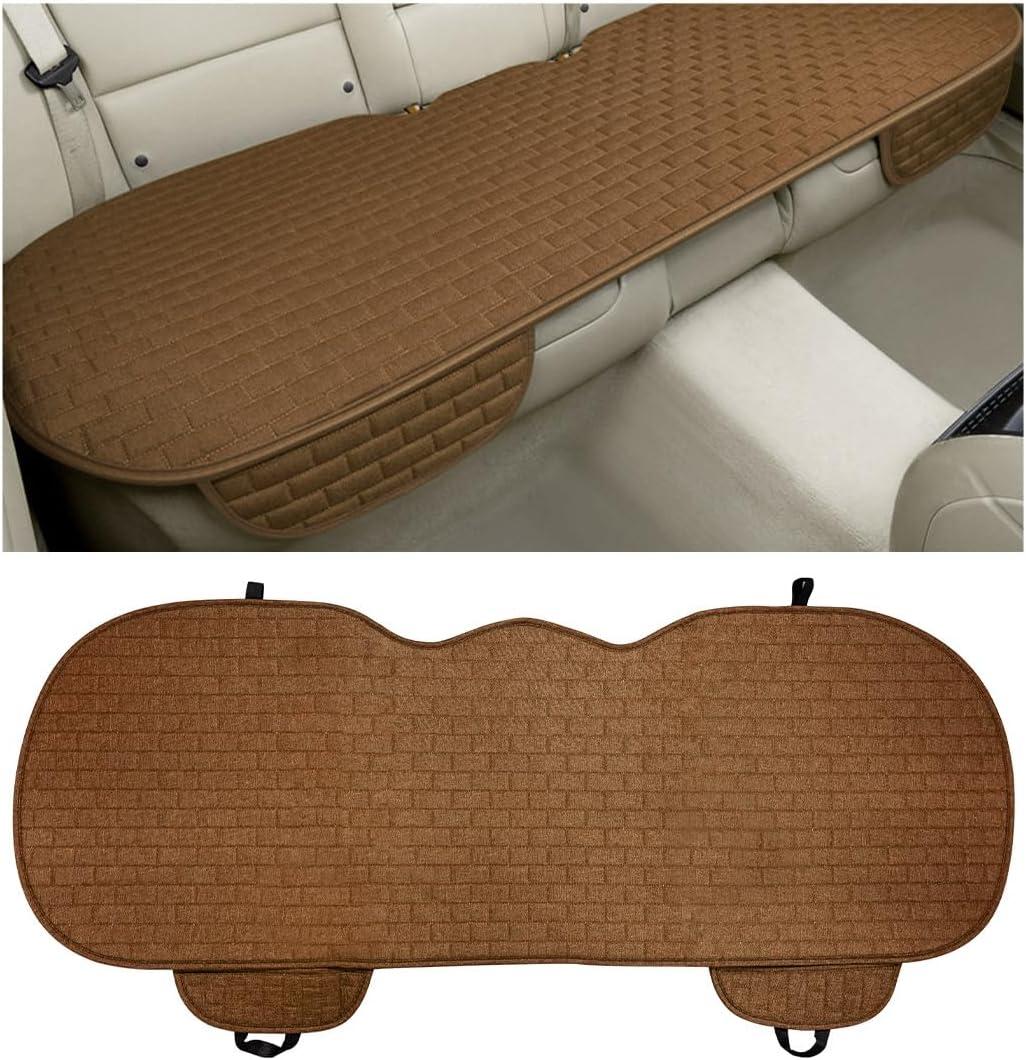 Linen Back Car Seat Cover, Anti-Slip Long Bottom Rear Seat Cover Protector with Storage Pockets, Breathable Linen Rear Bench Seat Protector Cushion Pad for Most Vehicles (Brown)