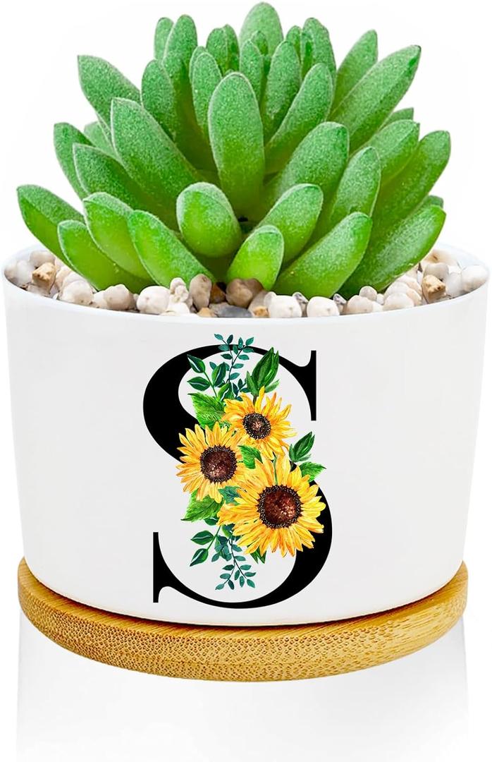 Sunflower Succulent Plant Pots 3 Inch Ceramic Cactus Flower Pots Personalized Initials S Sunflower Gifts for Women Mom Sister,Birthday Housewarming,Wedding,Window Garden Desk Decor
