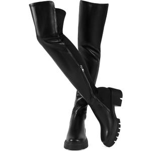 ErikenUrben Women Black Thigh High Boots Suede Over The Knee High Boots Platform Chunky Heel Stretch Boots Zip (8.5)