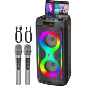Karaoke Machine, Portable Bluetooth Speaker with 2 Wireless Microphones, PA System with Disco Lights for Big Party, Outdoor, Supports USB/TF/REC/AUX, Ideal Gifts for Family, Music Lover