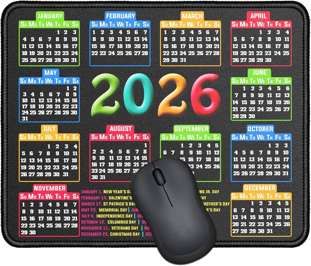 Mouse Pad with Stitched Edge, Computer Mouse Mat with Non-Slip Rubber Base, Mouse Pads for Computers Laptop Mouse 9.6x7.9x0.1 inch, (2026 Calendar Black)
