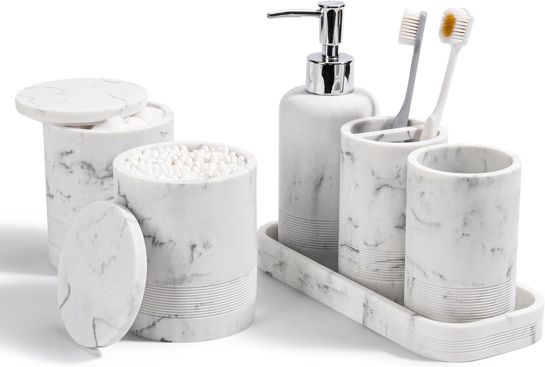 Bathroom Accessories Set, 6-Piece Bathroom Accessory Set, Toothbrush Holders Set, Soap Dispenser, Vanity Tray, Tumbler, Cotton Swab Jars, Bathroom Organizer for Modern Bathrooms (Marble White)