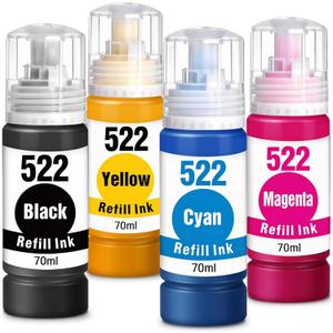 T522 522 Ink Refill Bottles(4-Pack) Compatible Replacements for 522 Ink Refill Bottles for Ecotank ET-2800 ET-2803 ET-2720 ET-4800 ET-2400 ET-4810 ET-2840 Printer (522 black cyan magenta yellow)