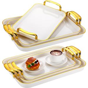 Rtteri Set of 6 Serving Platters with Handles 18.3/16.73/14.8 Inch Large Rectangular Serving Tray Reusable for Entertaining Dinner Party Wedding Decoration(Golden Handles,White)
