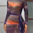 Sexy Long Sleeve Mini Dress for Women Sheer Mesh Printed Crew Neck Bodycon Party Clubwear See Through Dresses (Brown, M)