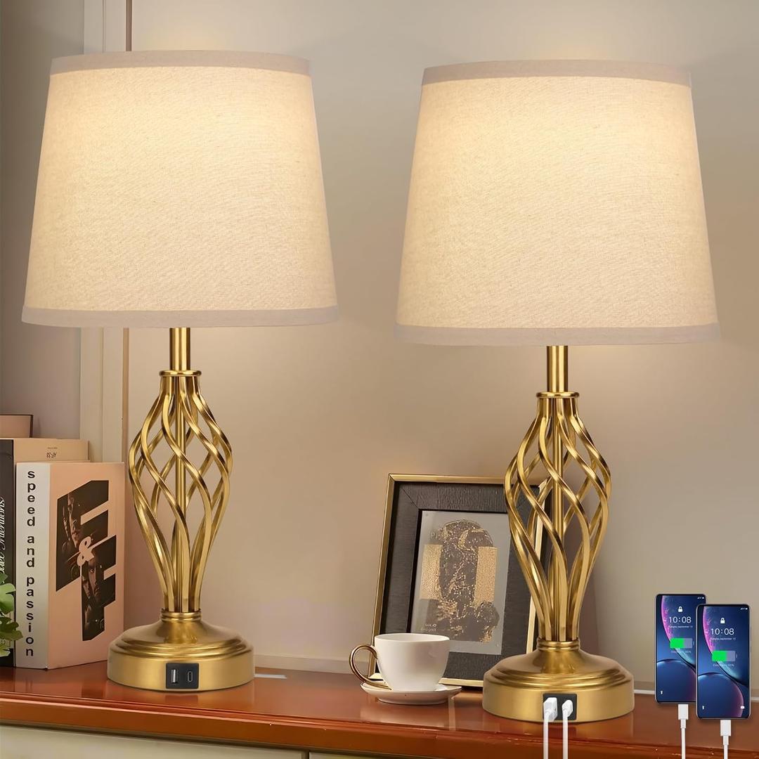 Ruiever Touch Table Lamps Set of 2, nightstand lamp with USB Ports Bedside 3 Way Touch dimmer Desk lamp for Living Room Bedroom,Gold Plated Spiral cage Base Design Warm White dimmer Bulbs Included.