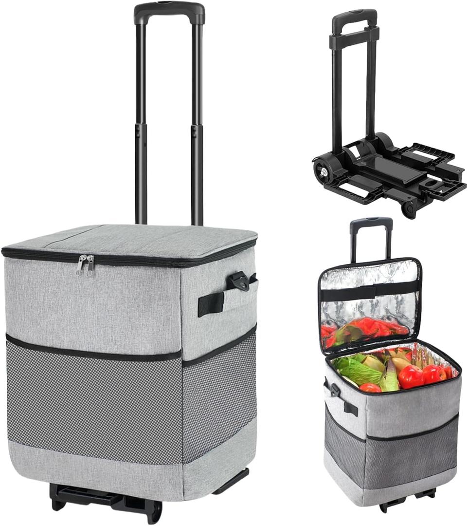 Collapsible Large Rolling Cooler 60-Can/40L,3-in-1 Insulated Soft Cooler Bag,Adjustable Wheels&Handle, Rolling Cooler Cart for Beach Camping Travel Outdoor Hot Takeout Orders (gray)
