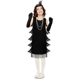 Girls 1920s Flapper Costume Set for Kids (10-12 Years) - Black, Faux Fur Materials, Authentic Accessories