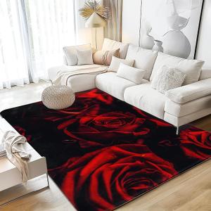 Rose Area Rugs 5'x7' Machine Washable Rugs Living Room Rugs Abstract Red Rose and Black Leaves Area Rug for Bedroom Laundry Room Kitchen Non Slip Carpet Soft Low-Pile