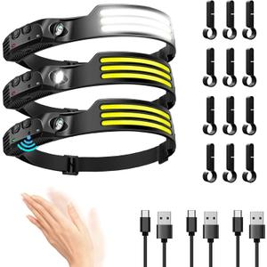 DAWINSIE LED Headlamp Rechargeable (3 PCS), 230 Wide Beam Head Lamp with Motion Sensor, Waterproof Head Light Flashlight for Hiking, Running, Repairing, Fishing Cycling