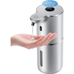 Automatic Liquid Soap Dispenser 12.8oz, Rechargeable & 6 Levels Soap Adjustable with Digital Display, Wall Mount, Waterproof, Touchless Hand/Dish Soap Dispenser for Kitchen, Bathroom, Hotel (Silver)