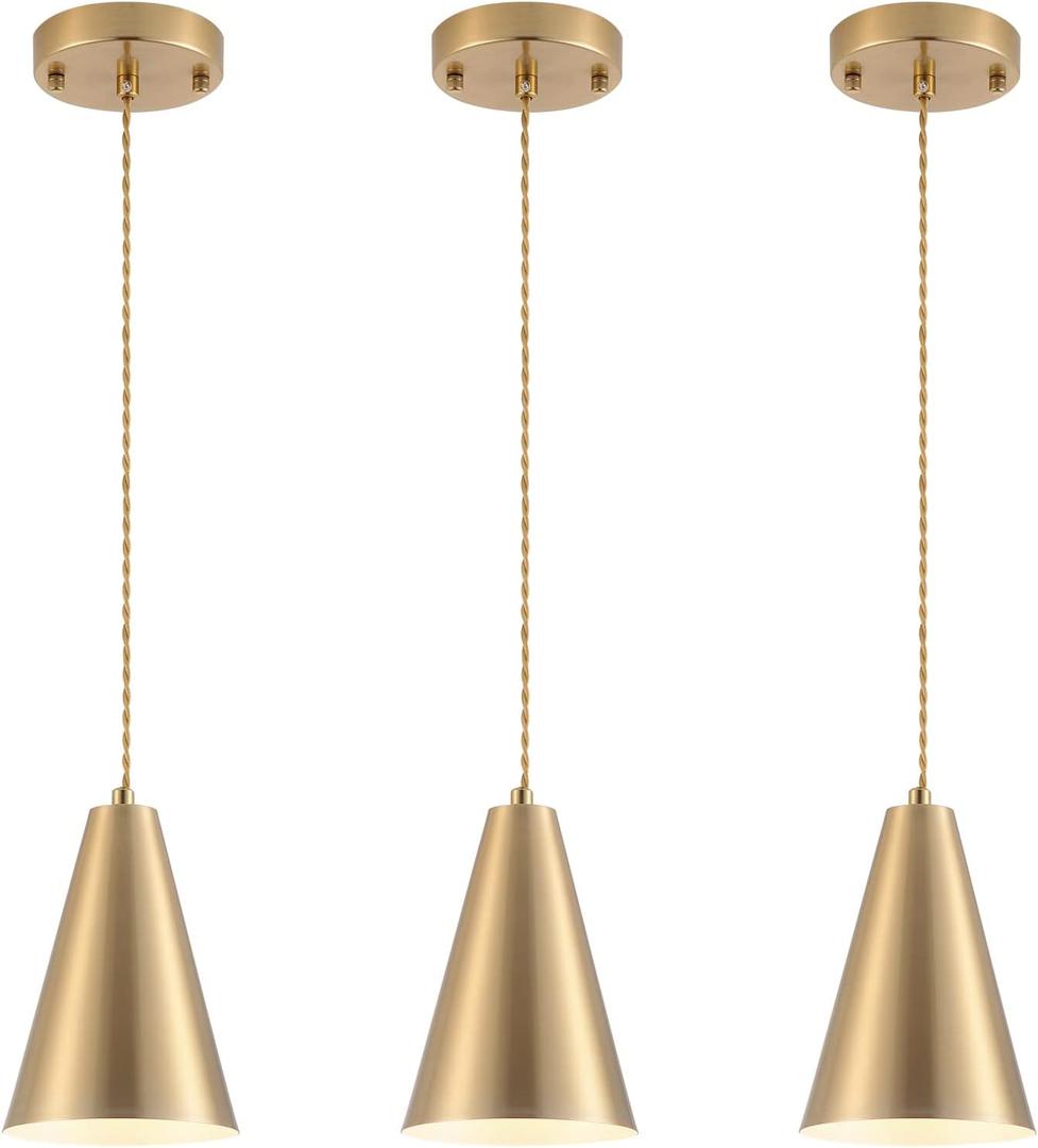 Gold Pendant Lights Kitchen Island, Dining Room Light Fixtures Over Table 3 Pack with Brushed Brass Cone Metal Shade, Modern Farmhouse Mini Chandeliers, Adjustable Cord Hanging Lighting for Bar, Sink