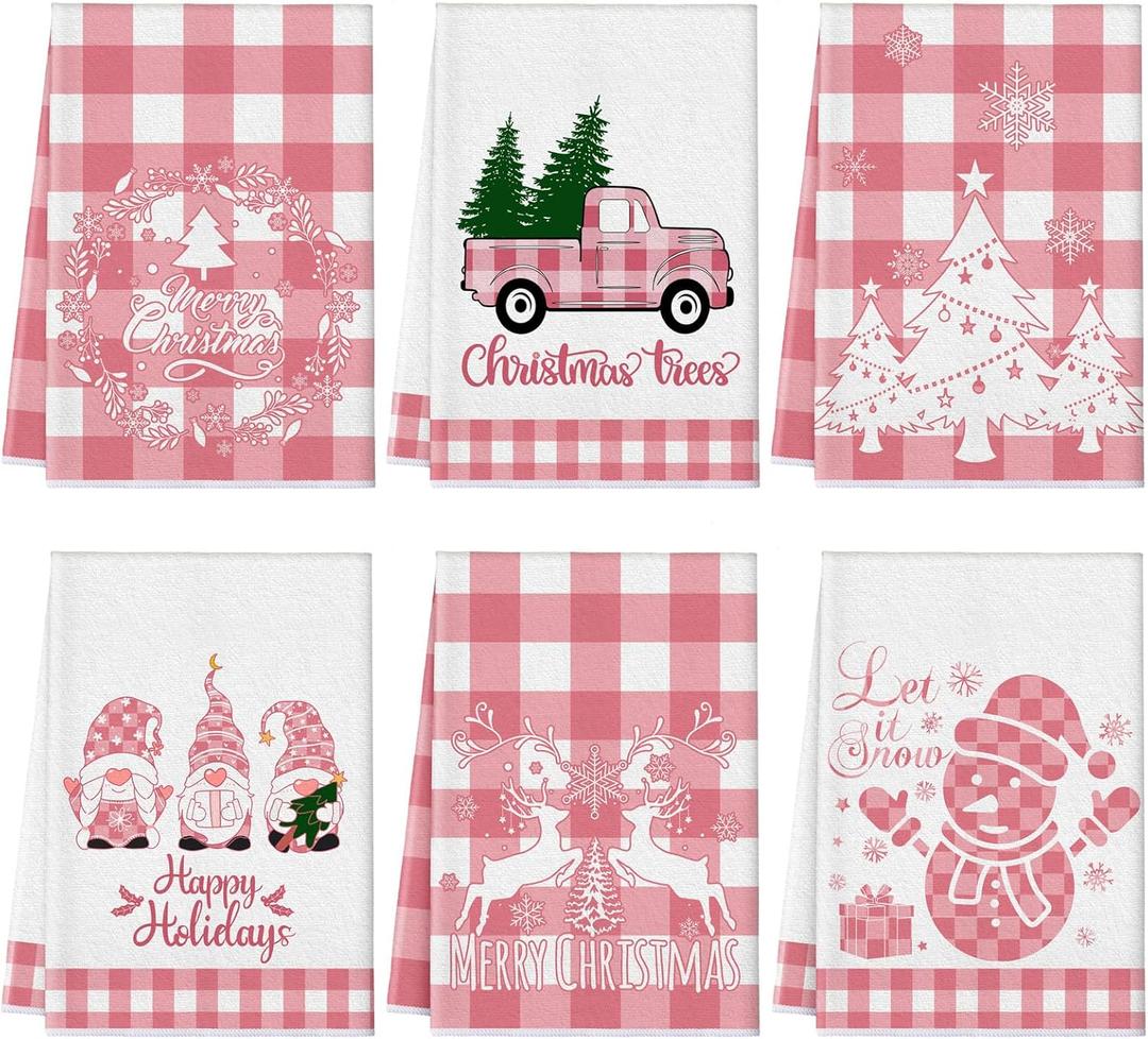 Sratte 6 Pcs Winter Kitchen Towels Pink White Gnome Truck Snowman Dish Towels Absorbent Buffalo Plaid Bathroom Hand Towel Winter Tea Towel for Kitchen Bathroom Decoration Farmhouse Housewarming Gift